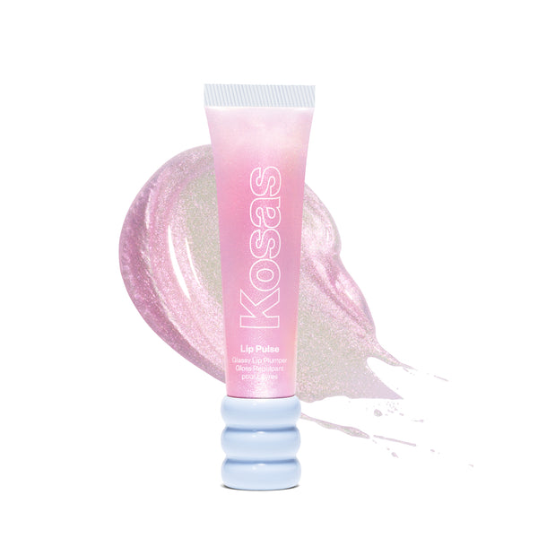 Kosas-Lip Pulse Glassy Lip Plumper-Makeup-LIPPULSE_AuraFlare_withSmudge-The Detox Market | Aura Flare - Clear with Iridescent Pink Shimmer